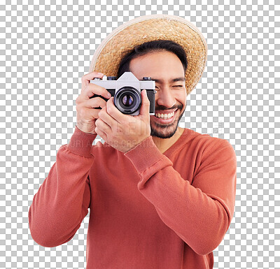 Travel, camera and happy man on holiday, adventure and fun on white background. Smile, travel and person taking picture, photographer or tourist in studio for summer vacation, journey and happiness.