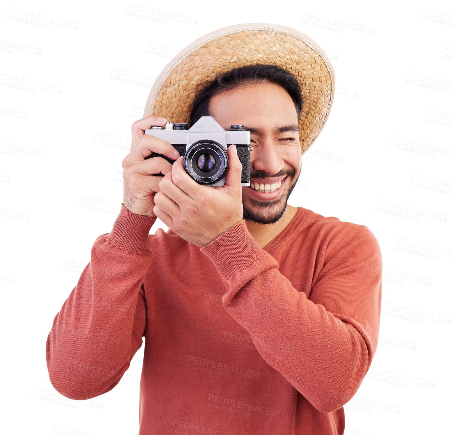 Buy stock photo Photographer, smile and travel with man and camera on png for holiday, search and adventure. Vintage, retro and picture with person isolated on transparent background for photography and tourism