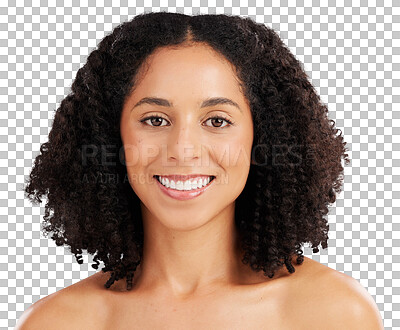 Buy stock photo Happy woman, natural skincare and portrait isolated on transparent png background for luxury facial cosmetics. Beauty, dermatology and model with smile, aesthetic skin care glow and confident face.