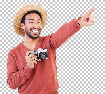 Travel, camera and excited man pointing at view in studio on holiday with adventure, fun and white background. Smile, discovery and happy tourist on vacation, person on journey and happiness on trip.