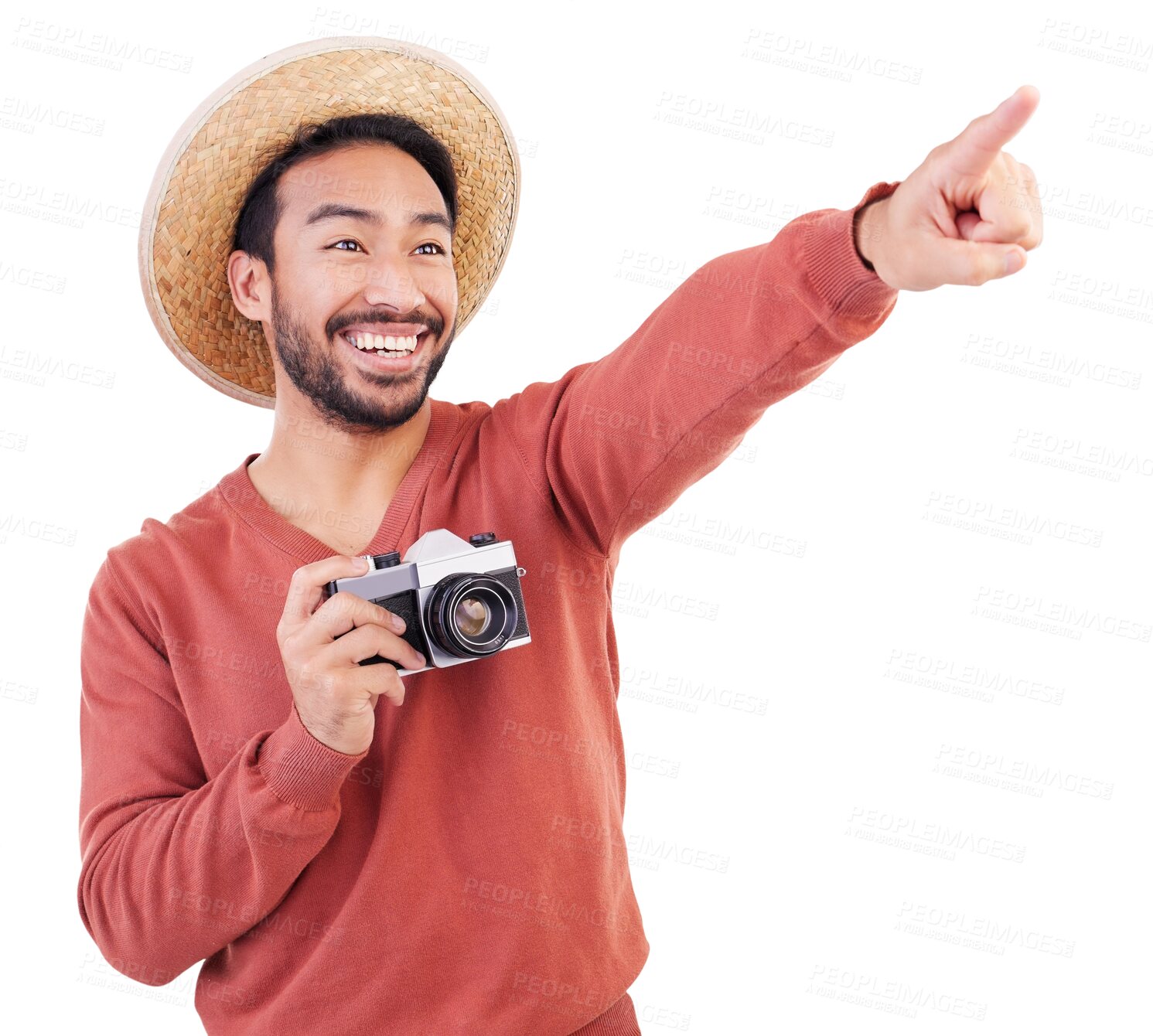 Buy stock photo Photographer, pointing and travel with man and camera on png for holiday, search and adventure. Vintage, retro and picture with person isolated on transparent background for photography and tourism