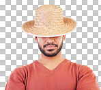 Man, hat and face in fashion style, hidden identity or profile standing isolated against a white studio background. Casual male model posing and wearing straw cap or stylish accessory covering eyes