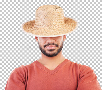 Buy stock photo Hat, hidden face and man with fashion accessory, casual apparel and stylish clothes, trendy and relax outfit. Identity, style and person with straw cap isolated on a transparent, png background