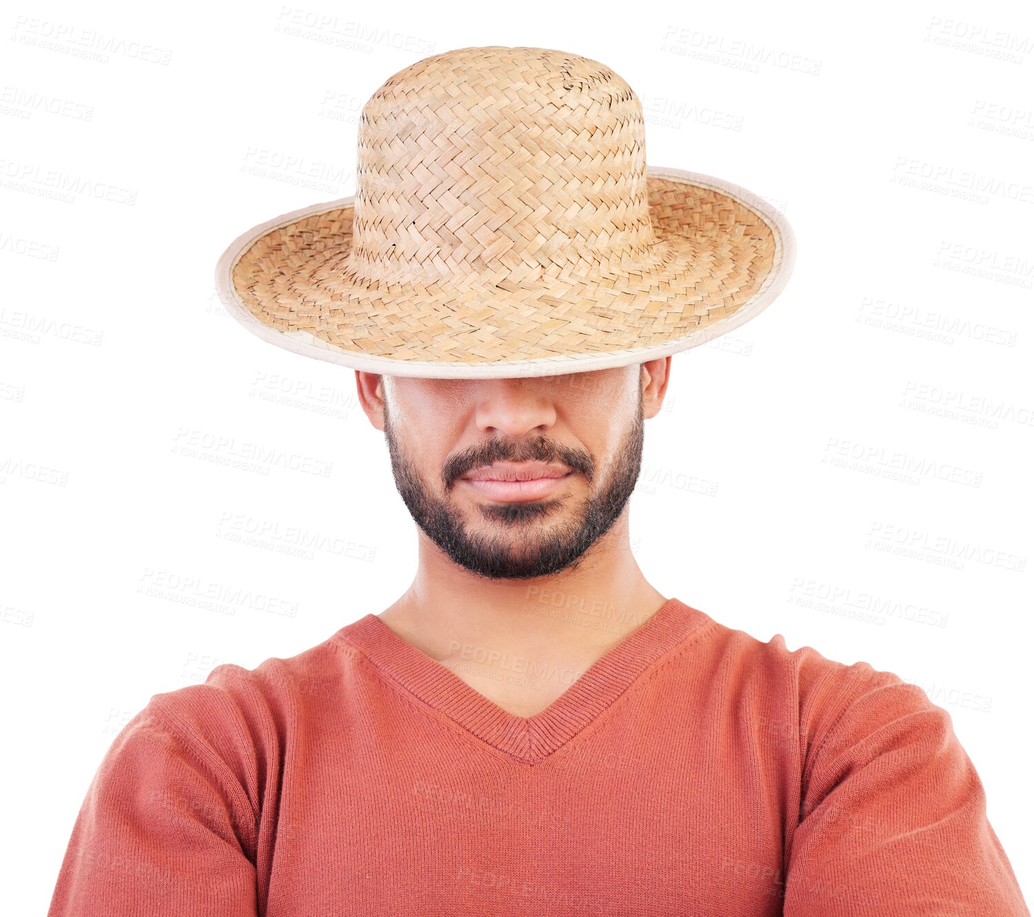 Buy stock photo Hat, hidden face and man with fashion accessory, casual apparel and stylish clothes, trendy and relax outfit. Identity, style and person with straw cap isolated on a transparent, png background