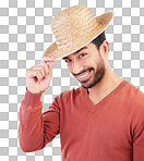 Happy, handsome and portrait of an Asian man with a hat isolated on a white background in studio. Smile, trendy and a guy wearing headwear made of straw with confidence and happiness on backdrop