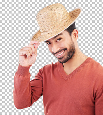 Buy stock photo Happy, handsome and portrait of a man with a hat for fashion, trendy or cool style with confidence. Smile, pride and young male model with a straw headwear isolated by a transparent png background.