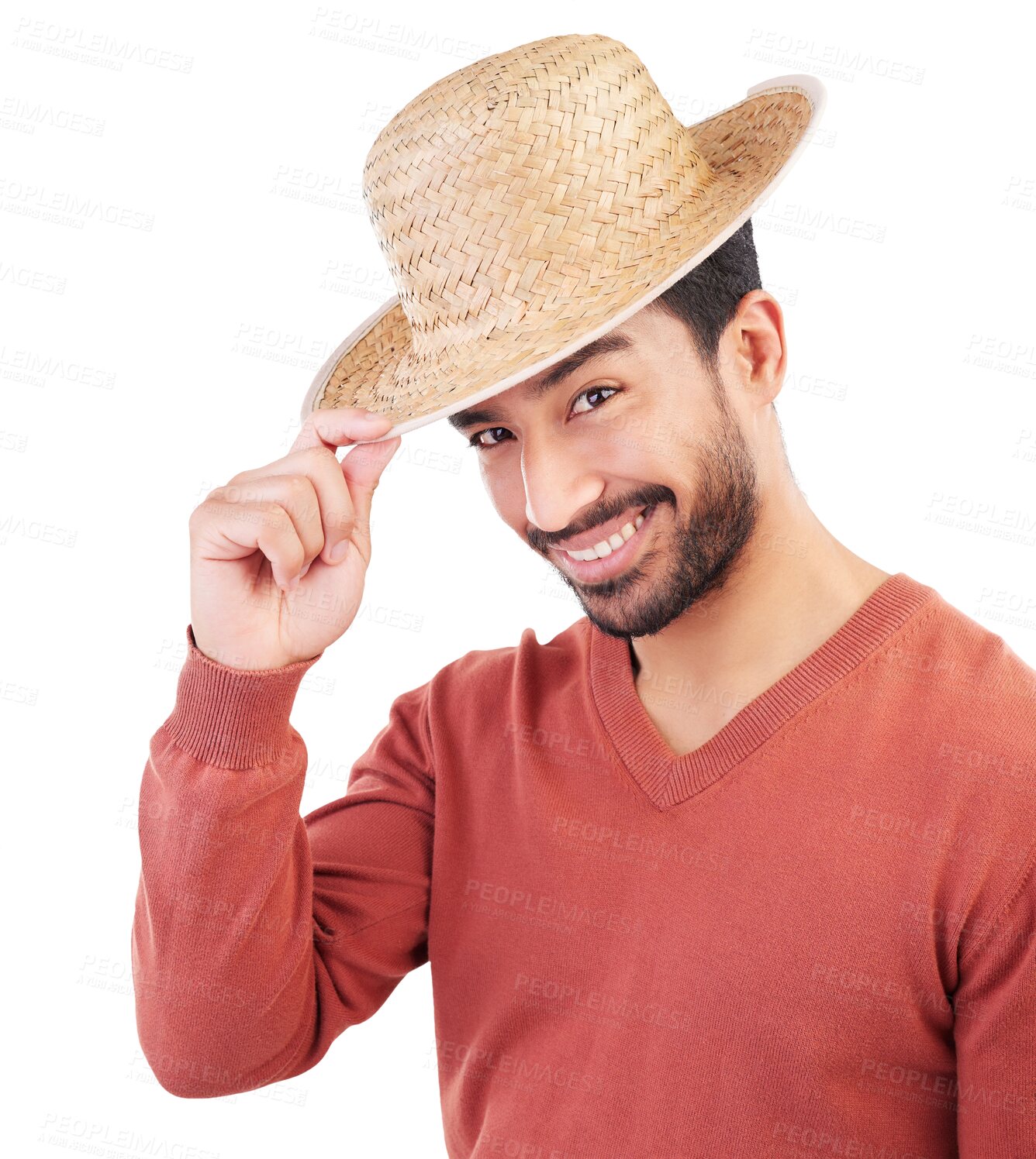 Buy stock photo Happy, handsome and portrait of a man with a hat for fashion, trendy or cool style with confidence. Smile, pride and young male model with a straw headwear isolated by a transparent png background.