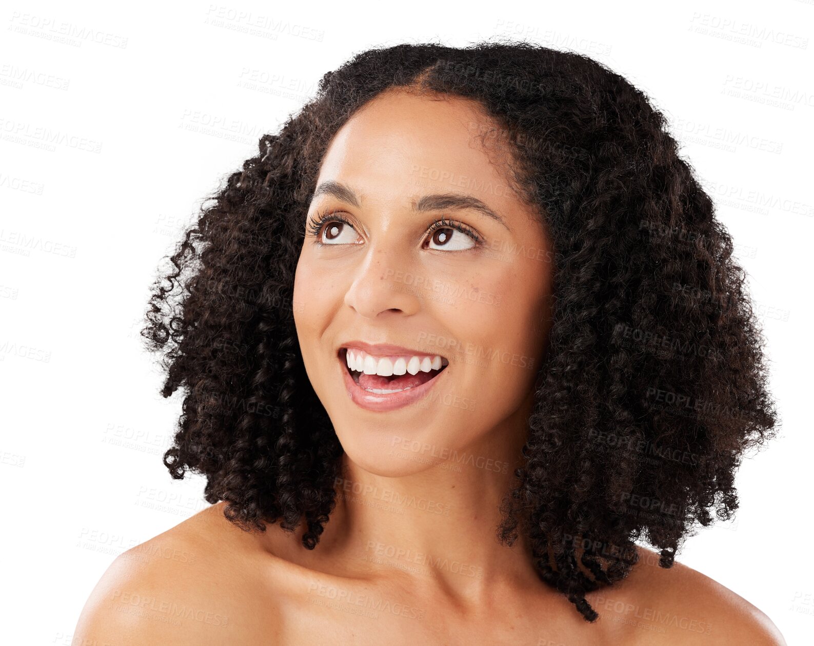 Buy stock photo Smile, natural skincare and woman isolated on transparent png background for luxury facial cosmetics. Beauty, dermatology and happy latino model with aesthetic skin care glow, confidence and afro.
