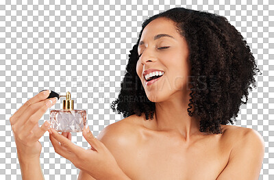 Beauty, luxury and female in a studio with perfume for a fresh scent, bodycare or wellness. Happy, smile and woman model with bottle of fragrance for cosmetic health isolated by a gray background.