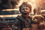 Sad, fire and apocalypse with child in city for explosion, catastrophe and war. Ai generated, homeless and burning with young orphan and lost in town for demolished, danger and armageddon