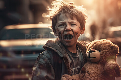 Buy stock photo Sad, fire and apocalypse with child in city for explosion, catastrophe and war. Ai generated, homeless and burning with young orphan and lost in town for demolished, danger and armageddon