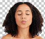 Woman, kiss face and beauty, flirt on studio background with dermatology and eyes closed. Makeup, natural cosmetics and flirting female with pout, skincare and lips with cosmetic care in headshot