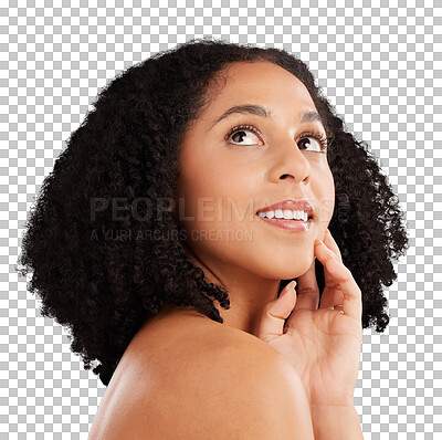 Buy stock photo Natural skincare, cosmetics and face of happy woman isolated on transparent png background for luxury facial. Beauty, dermatology and happiness, model with smile, aesthetic skin care and confidence.