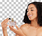 Beauty, self care and woman in a studio with perfume for a fresh scent, bodycare or wellness. Happy, smile and female model with bottle of fragrance for cosmetic health isolated by a gray background.