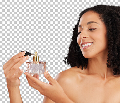 Buy stock photo Beauty, perfume and happy woman with fragrance cosmetics on isolated, transparent and png background. Scent, smelling and female wellness model smile for luxury, aroma and self care hygiene product