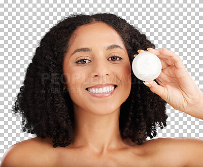 Buy stock photo Skincare, portrait and happy woman with face cream on isolated, transparent and png background. Facial, sunscreen and female wellness model smile for beauty lotion, collagen or anti aging vitamin c 