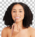 Portrait, makeup and woman with pencil, skincare and grooming on purple studio background. Face, confident female or lady with lipliner, salon treatment or facial glow with smooth, soft or clear skin