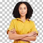 Serious, woman and portrait in studio, arms crossed and background for style, confidence and fashion. Focused female model in yellow dress with attitude, empowerment and pride of trendy personality