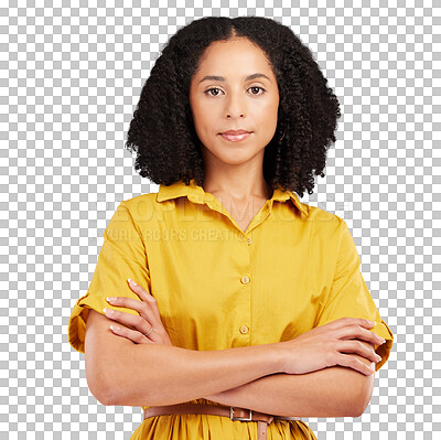 Buy stock photo Serious, arms crossed and portrait of business woman on png for creative, designer and professional. Entrepreneur, empowerment and pride with employee isolated on transparent background for startup