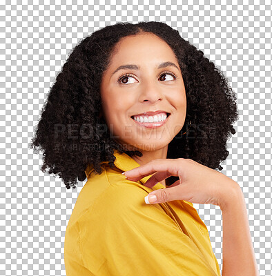 Buy stock photo Thinking, happy and face of woman looking at decision, problem solving solution or plan inspiration, memory or choice. Question, creative ideas or person smile isolated on transparent, png background