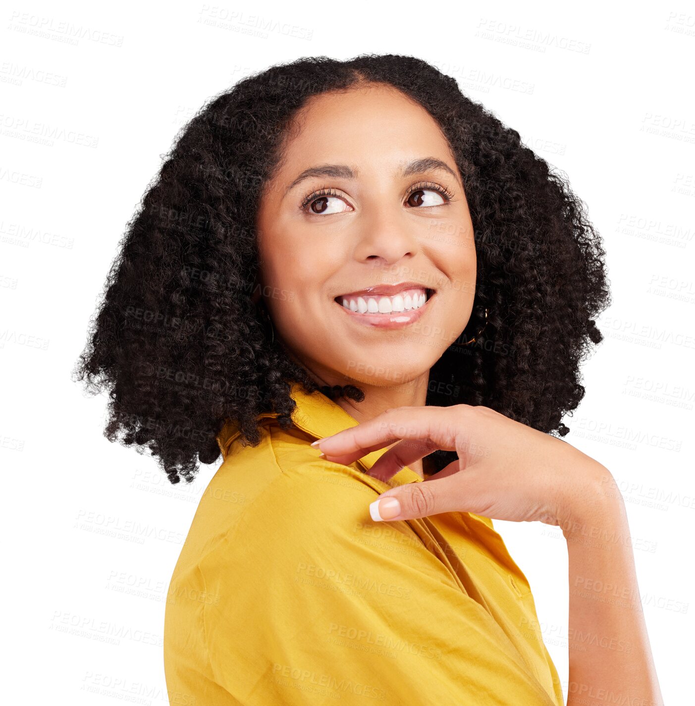 Buy stock photo Thinking, happy and face of woman looking at decision, problem solving solution or plan inspiration, memory or choice. Question, creative ideas or person smile isolated on transparent, png background