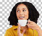 Thinking, happy and a woman drinking coffee for a break isolated on a white background in a studio. Idea, relax and a girl with a warm drink, tea or beverage while contemplating on a backdrop