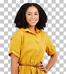 Happy black woman, confident and portrait smile standing with hands on waist against a gray studio background. Isolated and stylish African American female model with afro smiling in confidence