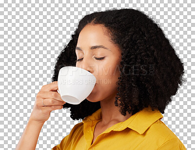 Buy stock photo Calm woman, coffee and drinking isolated on a transparent, png background with warm beverage, latte and espresso. Female model enjoying cup of tea, cappuccino and good mood for break, relax or peace