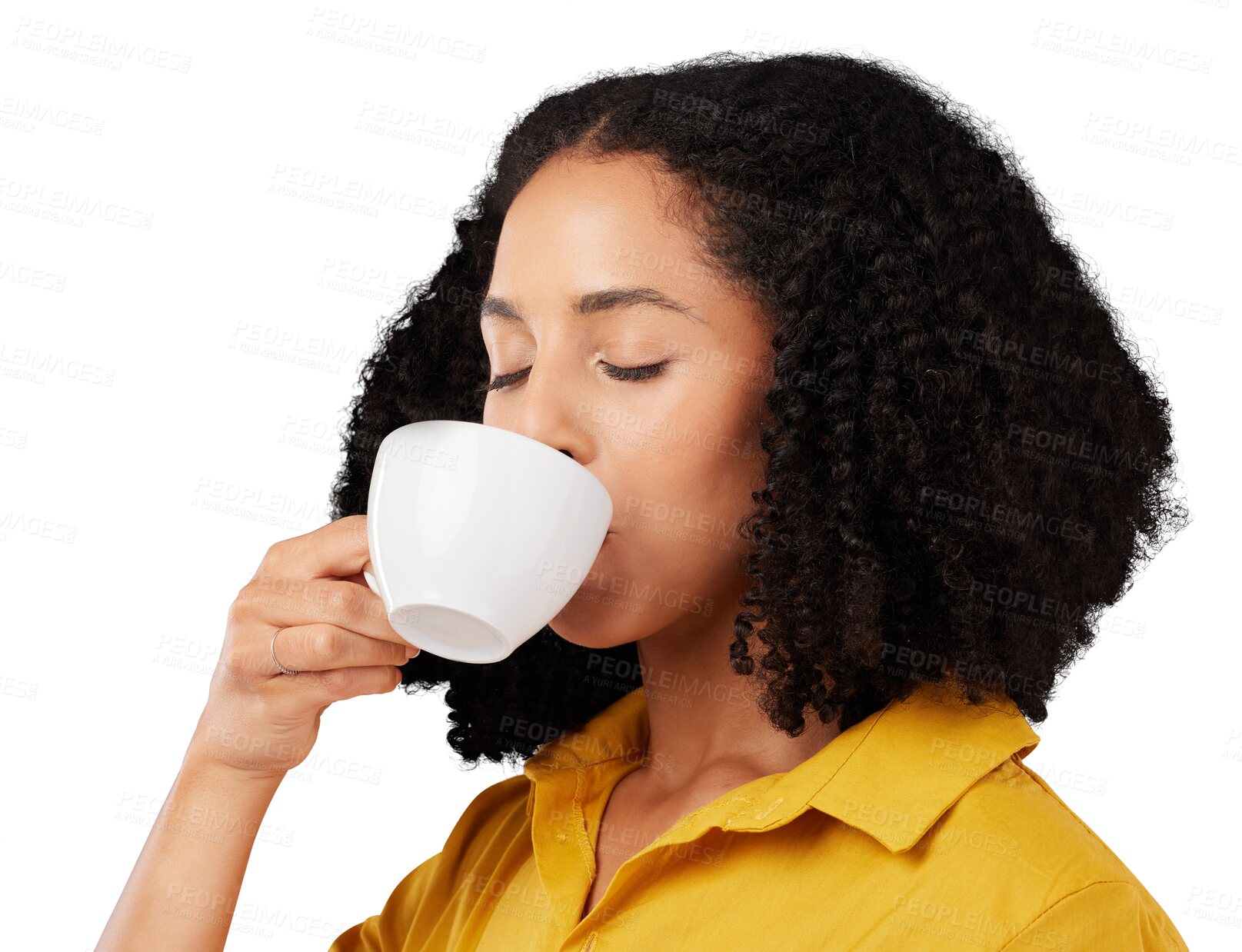 Buy stock photo Calm woman, coffee and drinking isolated on a transparent, png background with warm beverage, latte and espresso. Female model enjoying cup of tea, cappuccino and good mood for break, relax or peace