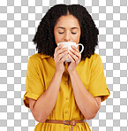 Woman, coffee and drinking mug in studio, backdrop and background for warm beverage, latte and smell of espresso. Female model enjoying cup of tea, cappuccino and good mood for break, calm and peace