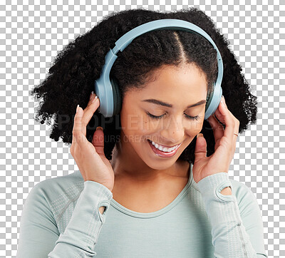 Buy stock photo Headphones, music and happy woman relax streaming on isolated, transparent and png background. Radio, smile and female person chilling with podcast, track or online audio with earphone subscription