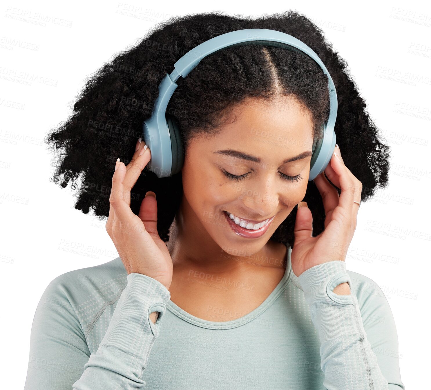 Buy stock photo Headphones, music and happy woman relax streaming on isolated, transparent and png background. Radio, smile and female person chilling with podcast, track or online audio with earphone subscription