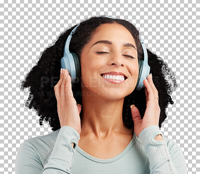 Buy stock photo Music, headphones and happy woman relax streaming on isolated, transparent and png background. Radio, smile and female person chilling with podcast, track or online audio with earphone subscription