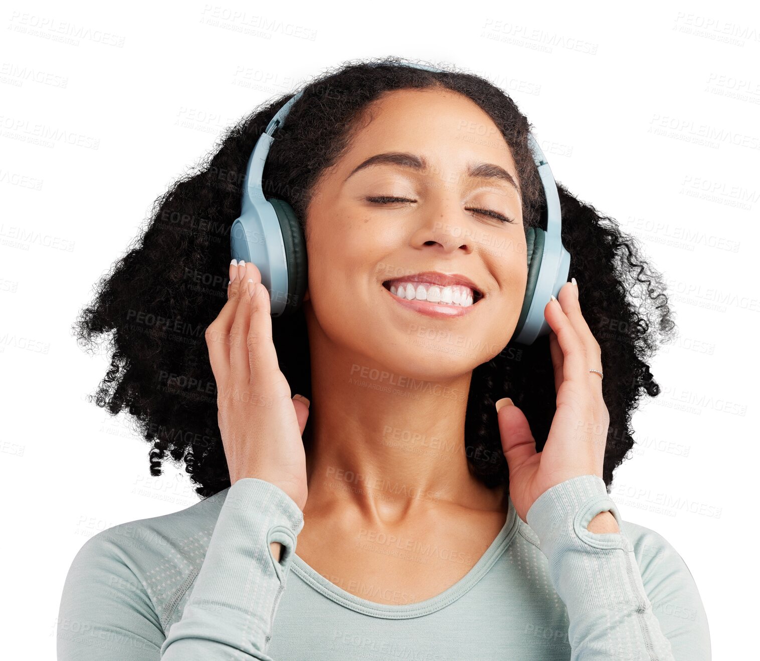 Buy stock photo Music, headphones and happy woman relax streaming on isolated, transparent and png background. Radio, smile and female person chilling with podcast, track or online audio with earphone subscription