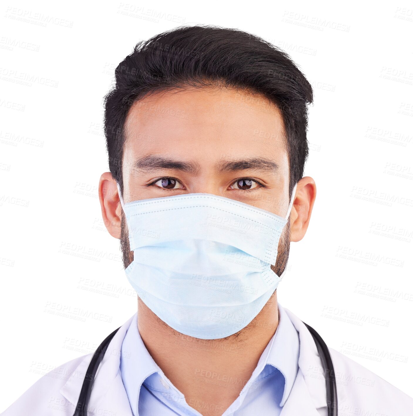 Buy stock photo Covid, doctor and portrait of man with face mask for protection, safety or pandemic compliance. Healthcare, career and male medical worker with virus prevention isolated by transparent png background