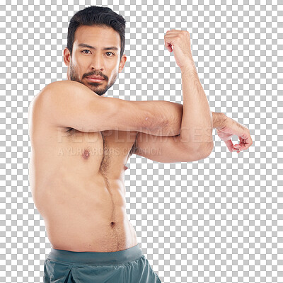 Man, body or stretching arms on studio background in workout ten
