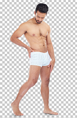 Buy stock photo Man, fitness and underwear with muscular body posing isolated on a transparent PNG background. Fit male person, model or bodybuilder standing with muscle in development, self love or workout goals