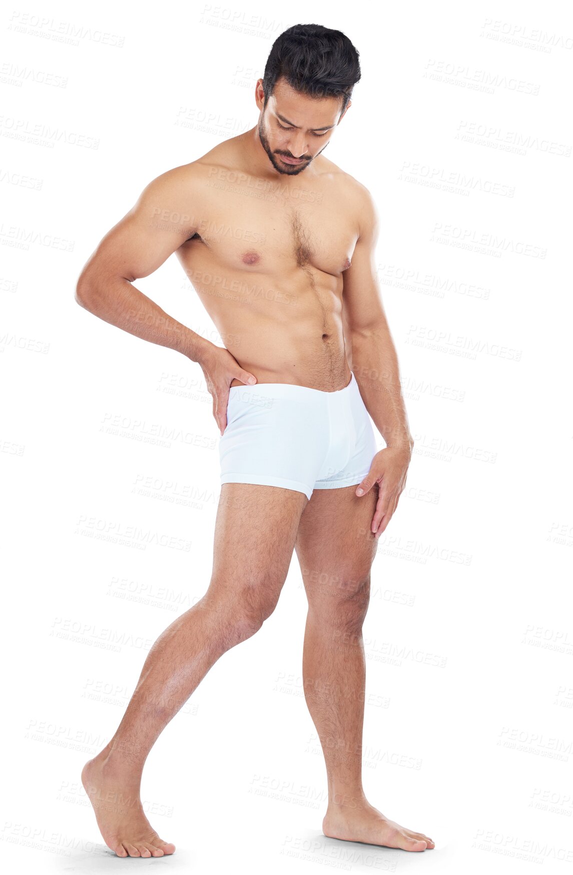 Buy stock photo Man, fitness and underwear with muscular body posing isolated on a transparent PNG background. Fit male person, model or bodybuilder standing with muscle in development, self love or workout goals