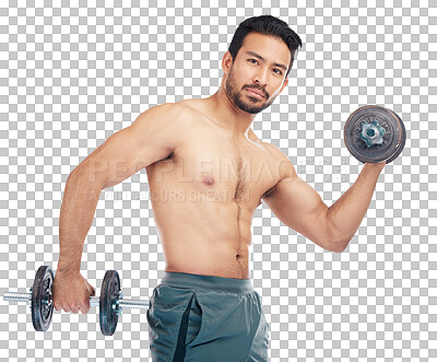 Buy stock photo Portrait, fitness and dumbbells with a bodybuilder man isolated on a transparent background for health or wellness. Exercise, weight or muscle with a strong male athlete on PNG for a training workout