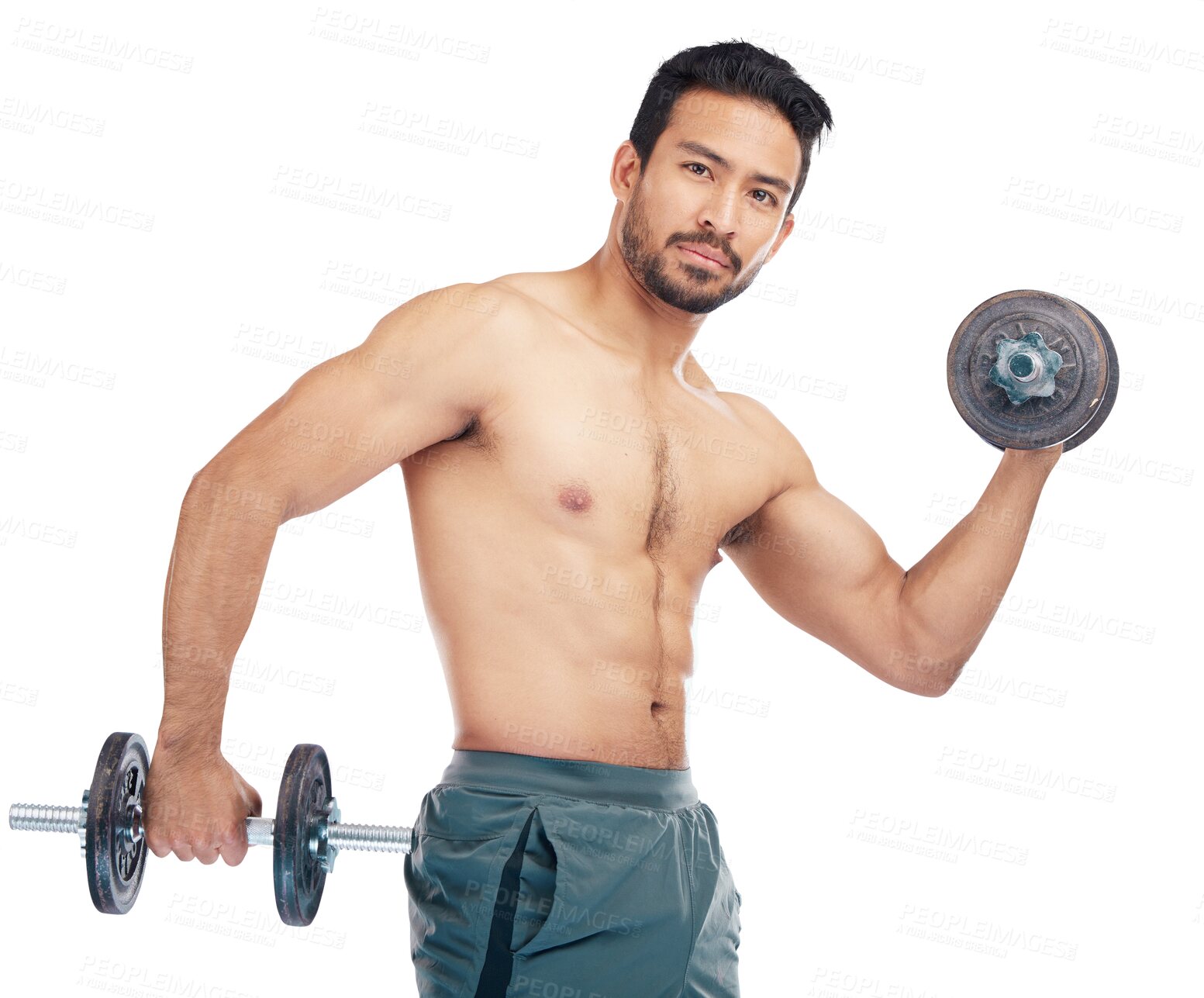 Buy stock photo Portrait, fitness and dumbbells with a bodybuilder man isolated on a transparent background for health or wellness. Exercise, weight or muscle with a strong male athlete on PNG for a training workout