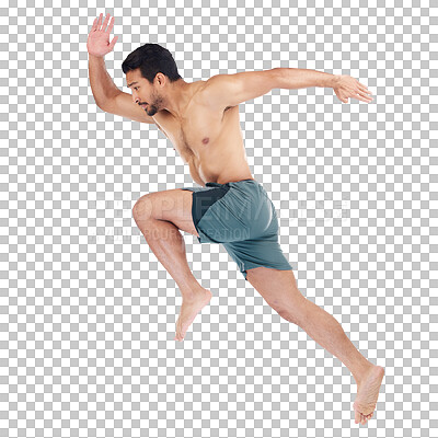Running, jump and fitness of man in studio isolated on a blue ba