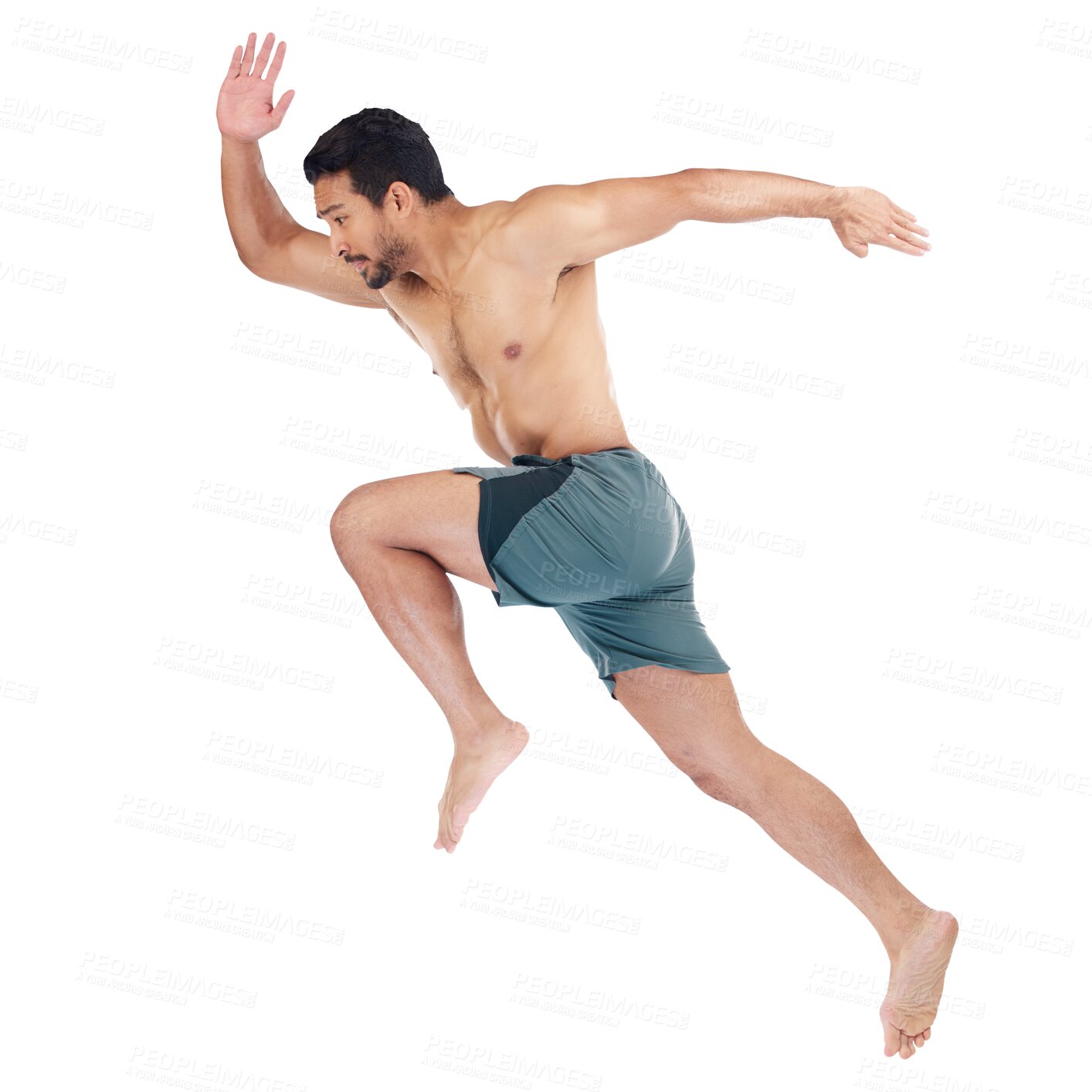 Buy stock photo Running, jump and fitness with man, energy and cardio isolated on png transparent background. Sports, training for race and male model, athlete or runner in air with workout for health and wellness