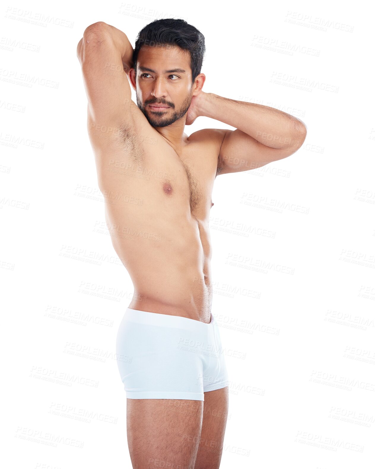 Buy stock photo Thinking, underwear and man with fitness, body and png with exercise isolated against a transparent background. Male person, bodybuilding and sexy model with workout, wellness and healthy with ideas