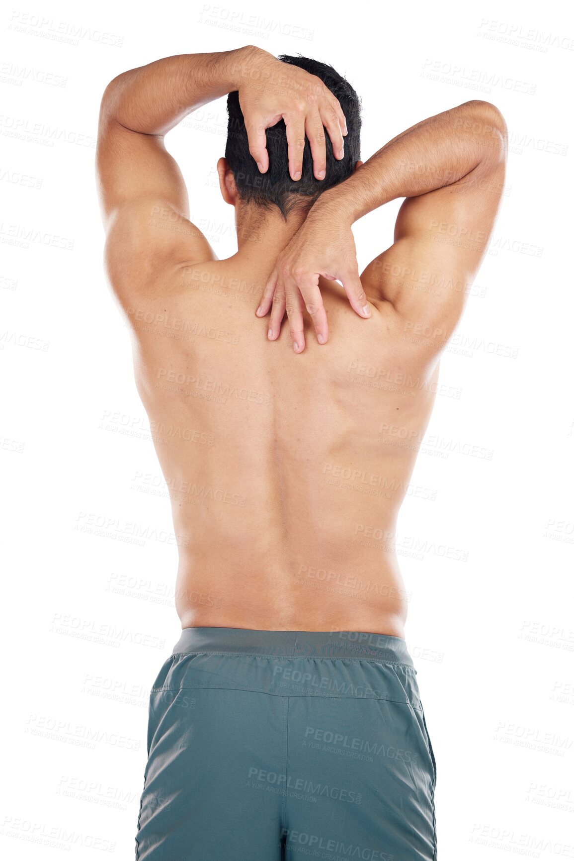 Buy stock photo Man stretching, body or back pain in muscles and stretch for relief or tension release on isolated, transparent or png background. Sports athlete, fitness model or coach flexing arms in workout