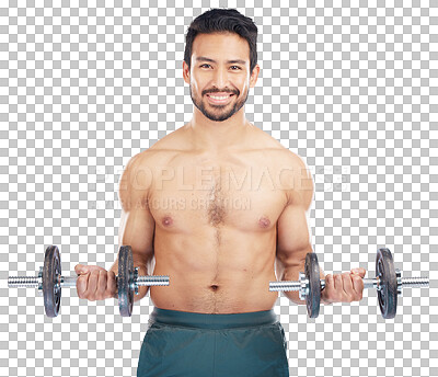 Buy stock photo Portrait, exercise and dumbbells with a bodybuilder man isolated on a transparent background for health or wellness. Fitness, weight or muscle with a happy male athlete on PNG for a training workout