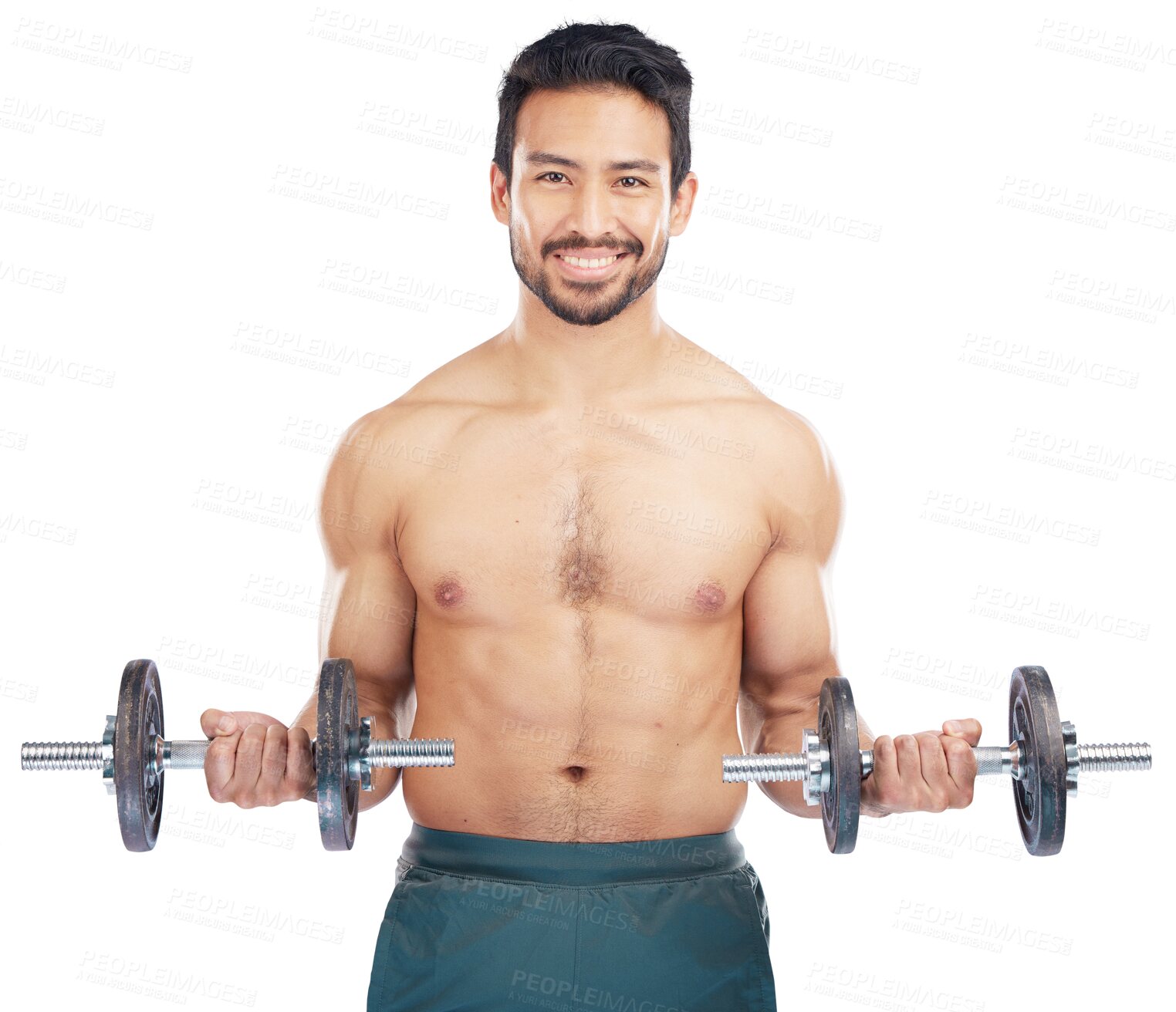 Buy stock photo Portrait, exercise and dumbbells with a bodybuilder man isolated on a transparent background for health or wellness. Fitness, weight or muscle with a happy male athlete on PNG for a training workout