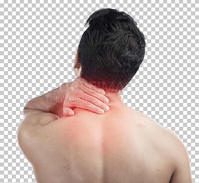Man, hands or body neck pain and glow on studio background in ex