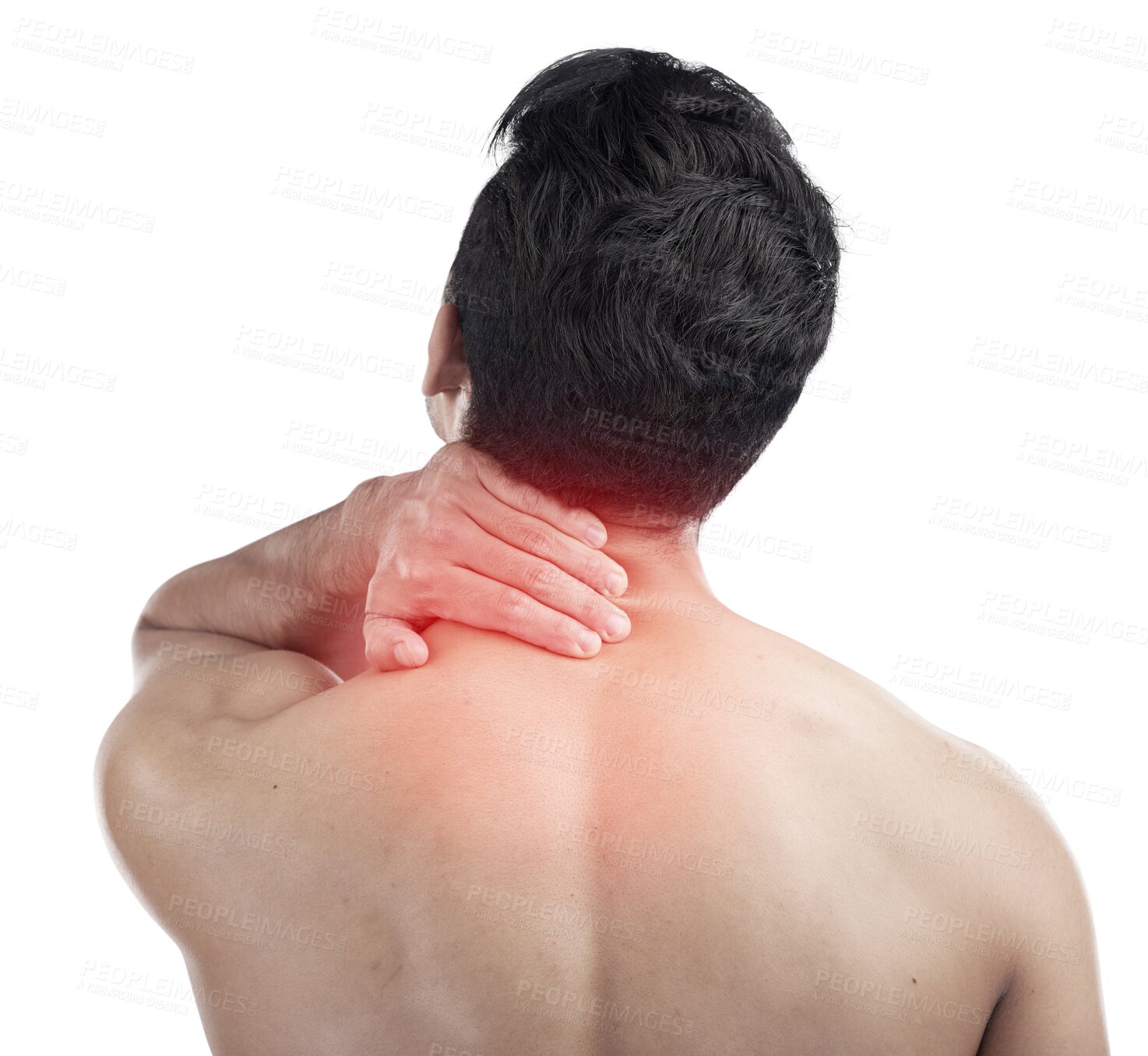 Buy stock photo Man, hands or body neck pain and glow isolated on transparent, png background for exercise or workout stress. Red injury, muscle and massage with person back in fitness risk or sports healthcare
