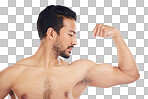 Asian man, body of bicep flex on studio background in studio for