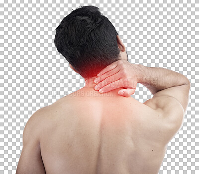 Man, hands or body neck pain and glow on studio background in exercise, workout or training stress, tension or 3d muscle crisis. Abstract injury, sports athlete or fitness person in first aid burnout